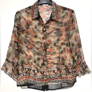 Vintage Nicola Sheer Button Up Women's Blouse Size Large 3/4 Sleeve Multicolor